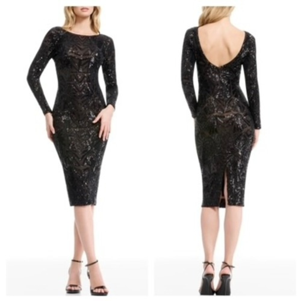 Dress The Population Emery Black Aztec Sequin Midi Dress Sz XL 1196-1163 NEW‎